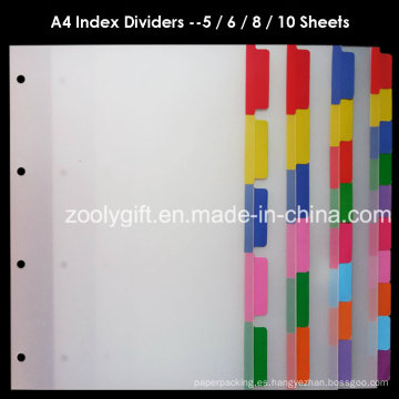 A4 PP Índice Archivo Divider Color Índice Lengüetas de anillo